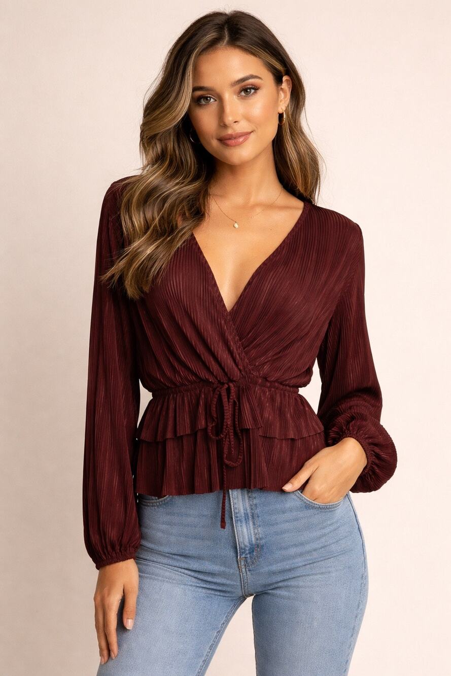 Zara Chocolate Brown Plissé Pleated Surplice Blouse Top Long Sleeve Size S